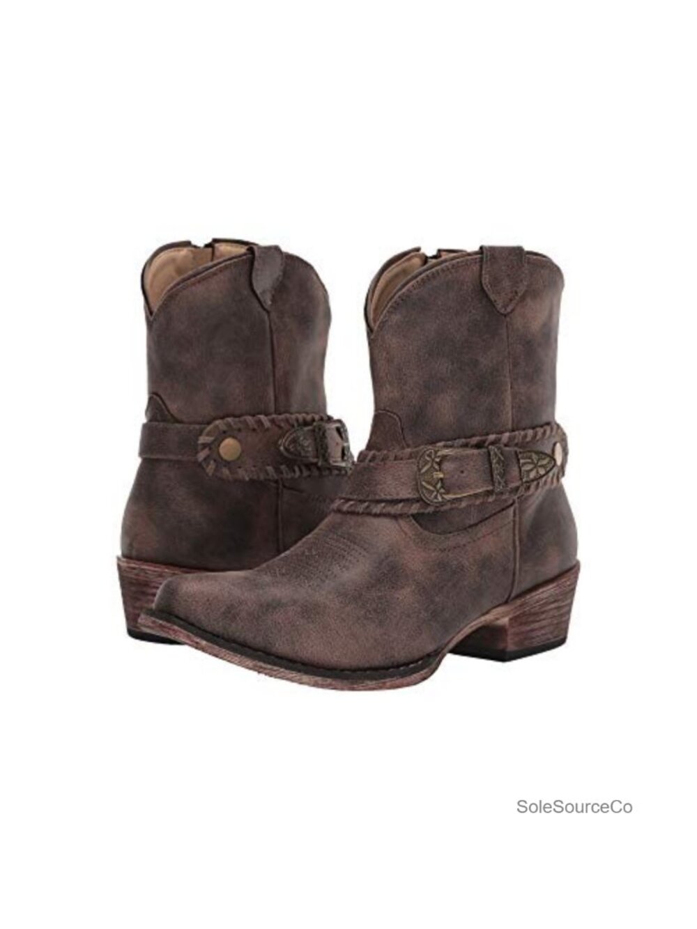 Faux Leather Western Ankle Bootie with Buckle and Whipstitching